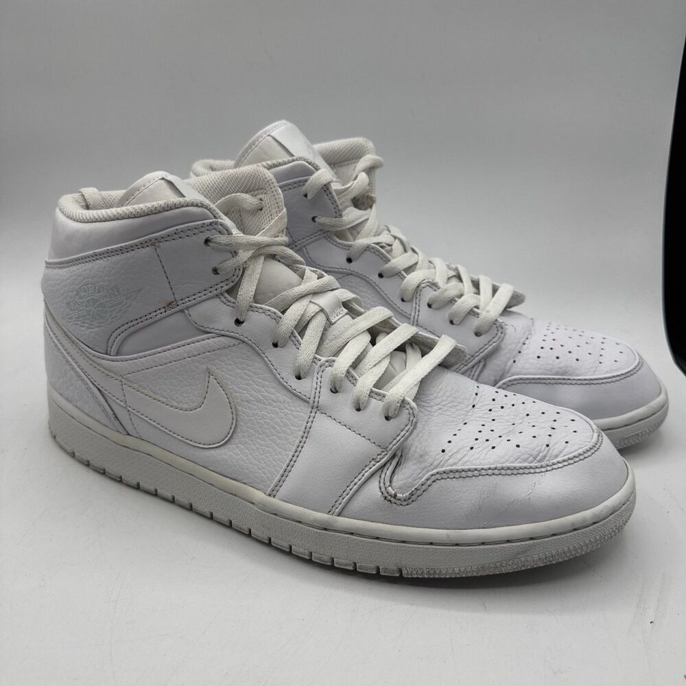 Nike Air Jordan 1 Mid 'Triple White' 554724-109 Men's Basketball Sneakers Sz 13